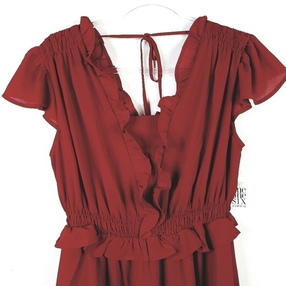 One One Six New with tags Deep Red Ruffle trim V-neck Fit and Flare Dress xs - Picture 10 of 11